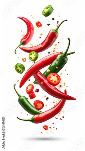 Vibrant red and green chili peppers frozen in motion, sliced
