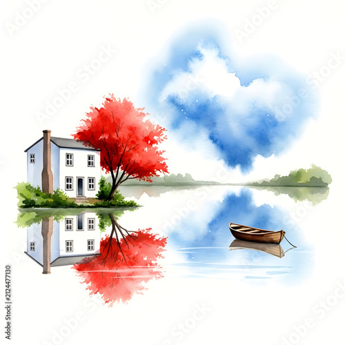 Watercolor Lakeside House with Red Autumn Tree and Boat Reflection