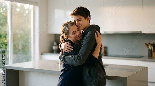 Mother and teenage son hugging affectionately in a modern home kitchen
