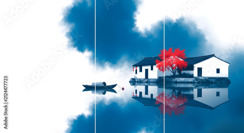 Minimal Blue Watercolor Lakeside Village with Red Tree Reflection