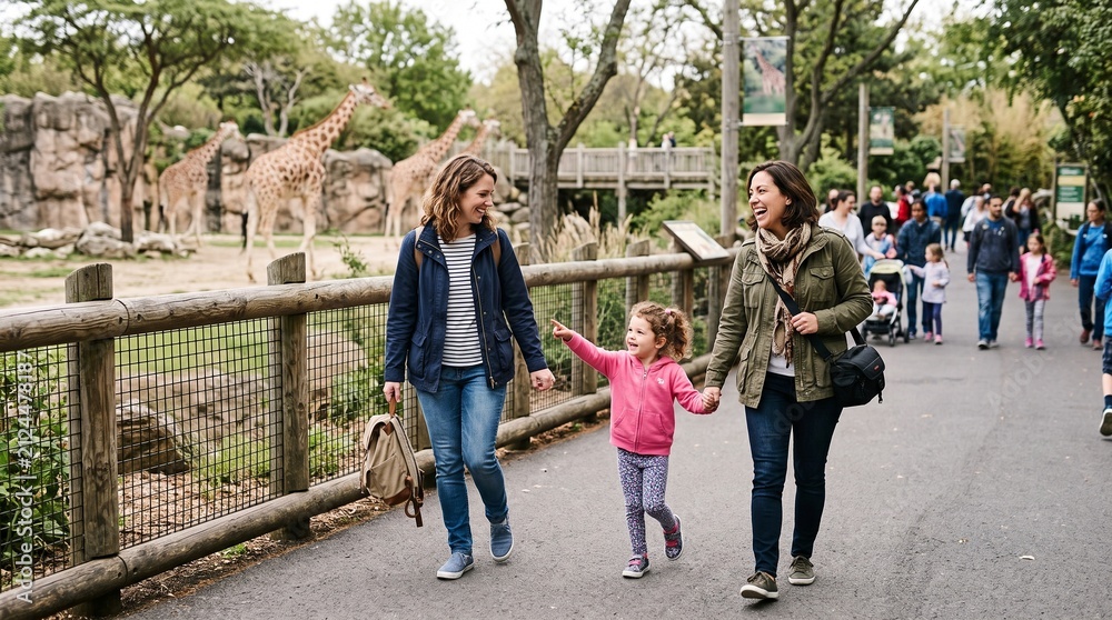 Fototapeta premium Family enjoys a day at the zoo, pointing at giraffes in their enclosure