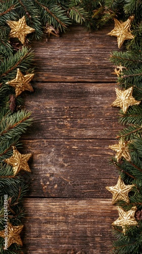 Christmas Decoration Border Frame with Pine Branches and Gold Stars