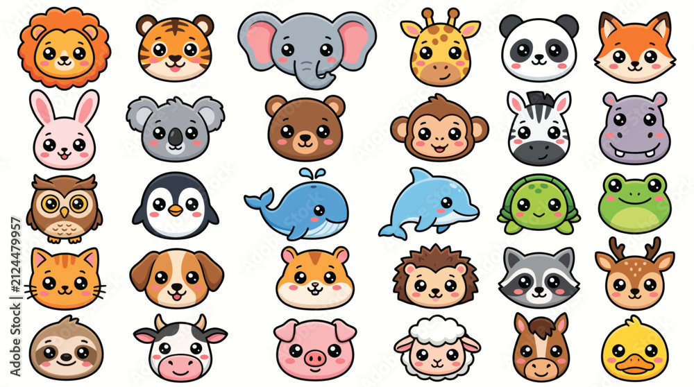 Obraz premium Vector illustration set of cute cartoon animal faces featuring a lion tiger elephant giraffe panda fox and many other creatures