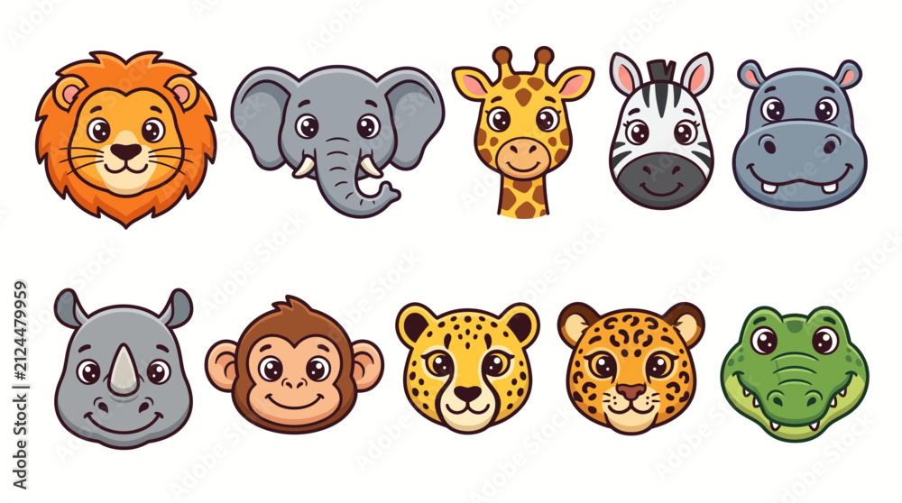 Obraz premium Colorful vector illustration featuring diverse collection of cute wild animal heads designed for children in a bright cartoon art style