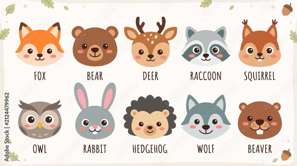 Fototapeta premium Adorable forest animals collection featuring cute cartoon faces of various woodland creatures designed as a colorful flat vector graphic illustration