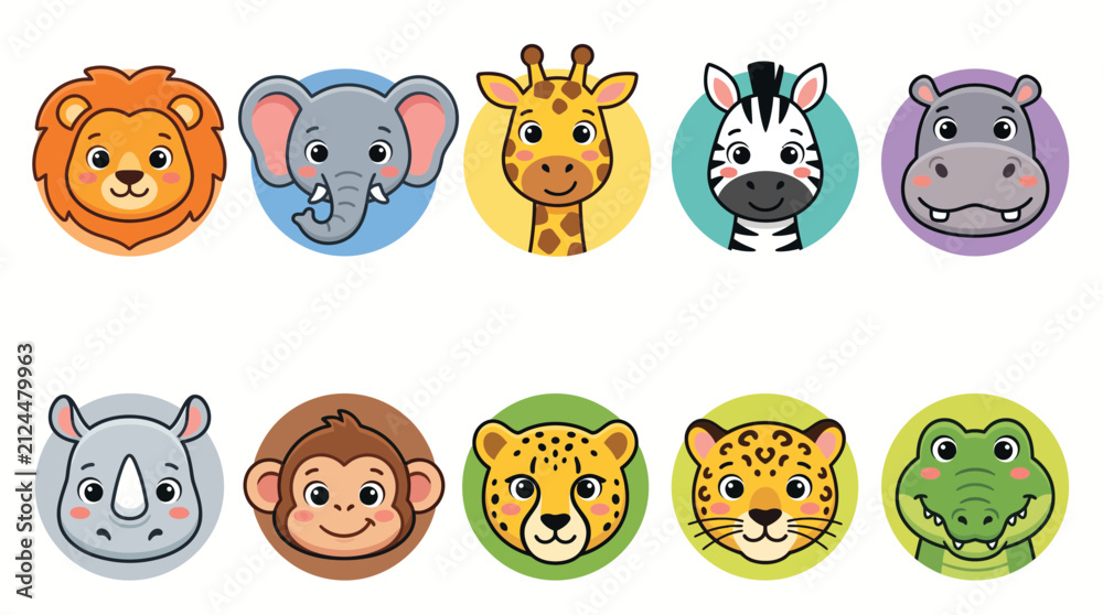 Fototapeta premium Vibrant vector illustration featuring ten colorful circular icons of cute safari animals displayed in a clean and organized grid layout