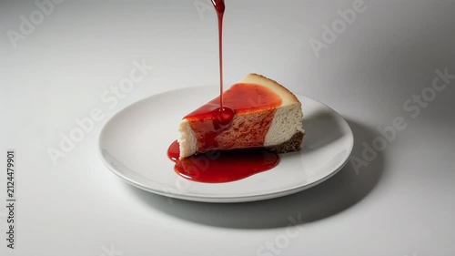 Single slice of creamy cheesecake topped with fresh strawberries, blueberries and raspberries, light powdered sugar dusting, cozy Christmas background pine branch