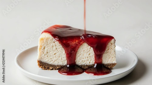 Single slice of creamy cheesecake topped with fresh strawberries, blueberries and raspberries, light powdered sugar dusting, cozy Christmas background pine branch