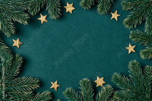 Christmas Decoration Border Frame with Pine Branches and Gold Stars