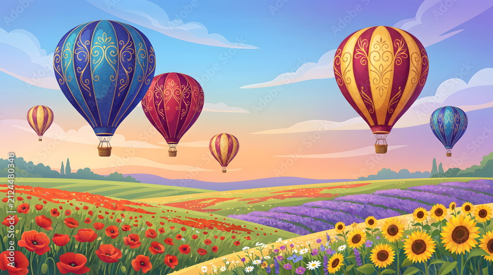 Fototapeta premium Colorful Hot Air Balloons Flying Across a Sunny Summer Sky Above Green Fields Scenic Travel Adventure Vector Illustration