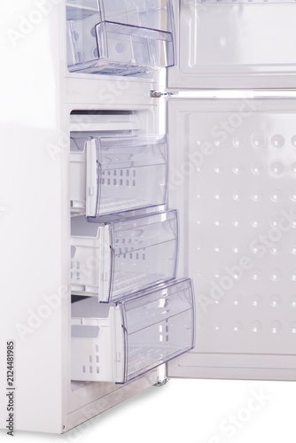Open Empty Freezer Drawers with Clear Plastic Storage Compartments Isolated on White