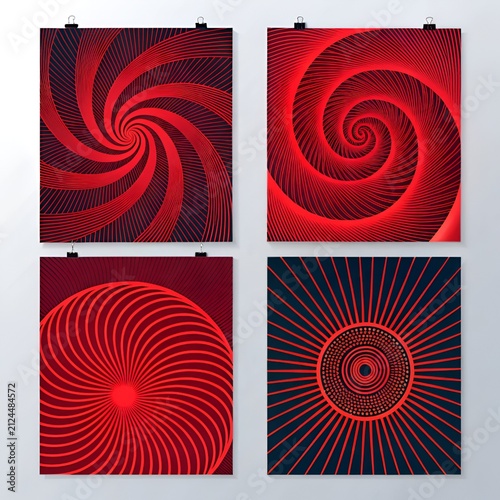 Abstract geometric spiral patterns in red and black with radial symmetry and hypnotic effect