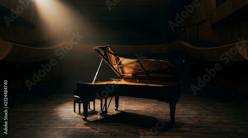 Grand piano standing on stage under spotlight in dark concert hall