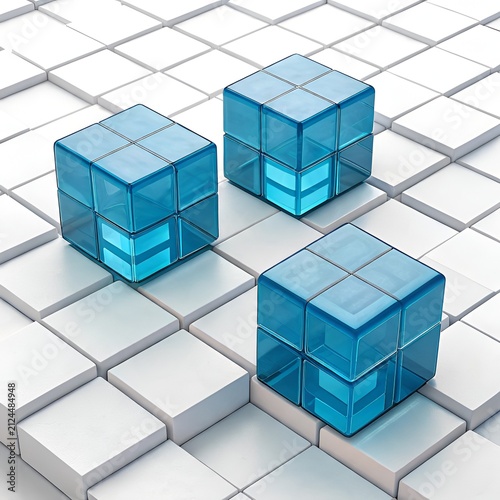 Three translucent blue cubes arranged on a white grid surface with clean studio lighting and a subtle gradient background