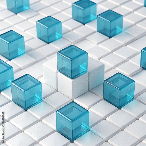 Translucent blue cubes resting on white platforms in a grid arrangement with clean studio lighting