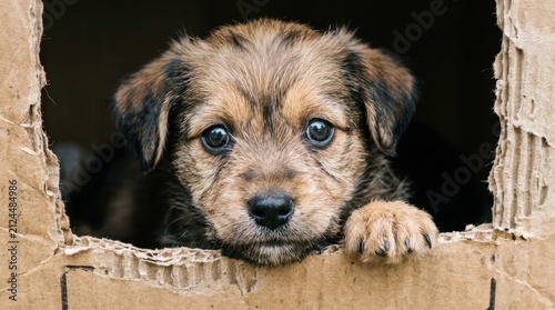 Adorable scruffy brown puppy looking out from inside a cardboard box with sad eyes and one paw visible. Small abandoned stray dog waiting for adoption showcases vulnerability and animal welfare needs.