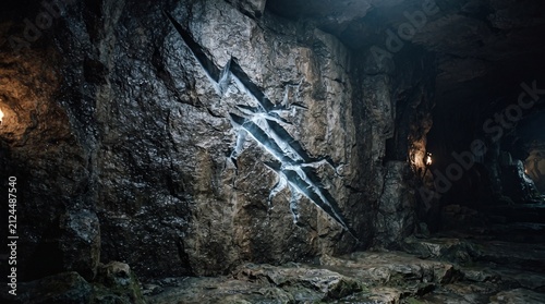 Mysterious glowing symbol carved into a dark cave wall ancient rune or magical inscription fantasy adventure concept