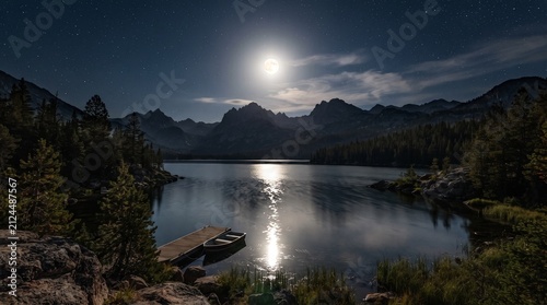 Serene mountain lake under a full moon reflecting moonlight on the water with pine trees and rocky shore perfect for nature and travel themes