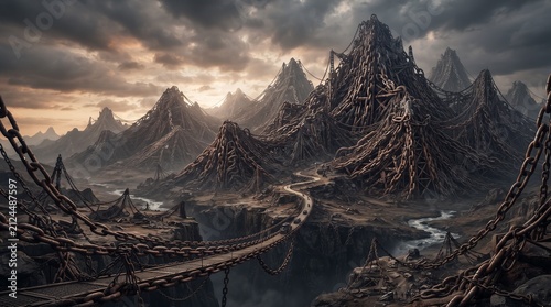 Epic fantasy landscape with jagged mountains a rickety rope bridge spanning a chasm and dramatic stormy skies perfect for game backgrounds or concept art