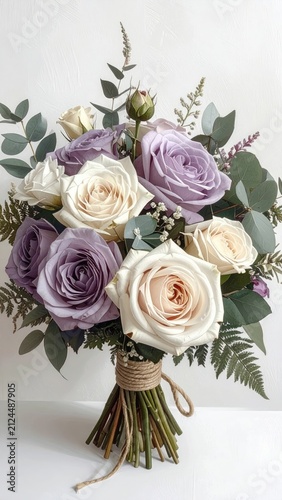 A soft bouquet of lilac and cream roses, adorned with greenery