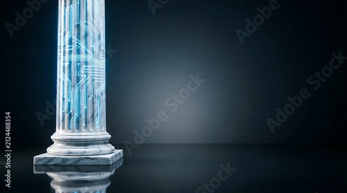 Marble justice column becoming data on dark background for legal technology foundation