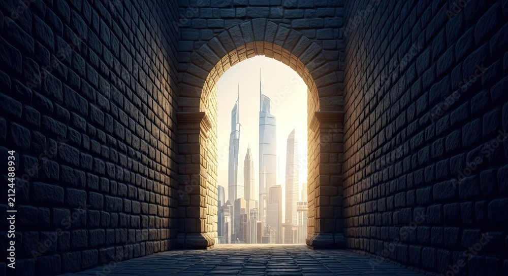 Fototapeta premium Ancient Archway Revealing Modern City Skyline at Sunset