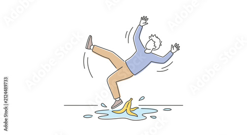 Bild auf Leinwand Man Slipping on Banana Peel on Wet Floor