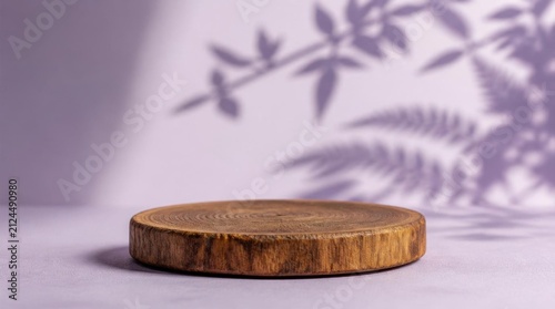 Wooden podium pedestal on purple surface with soft leaf shadows for product presentation