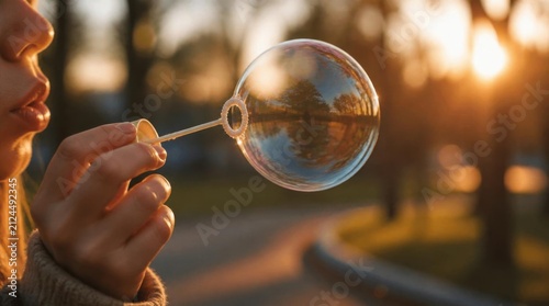 Young woman blowing soap bubbles outdoors in a sunny park at sunset