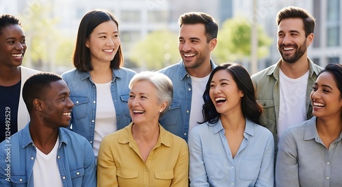 Diverse group of cheerful colleagues smiling together.