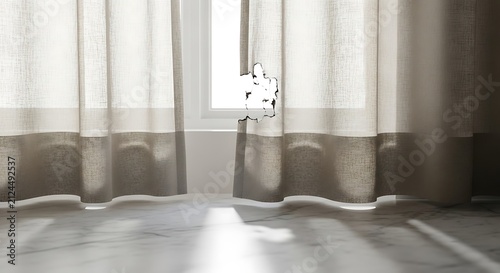 Minimalist bathroom with white bathtub and towels.