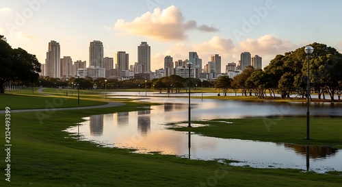 Skyline view of Chicago cityscape from park.