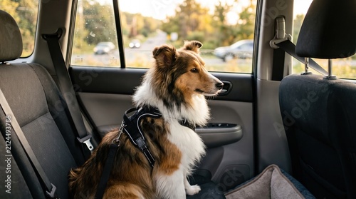 Cute shetland sheepdog sitting in the back seat of a moving car