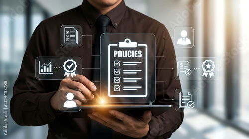 Businessman holding tablet displaying policies document icon and compliance concept