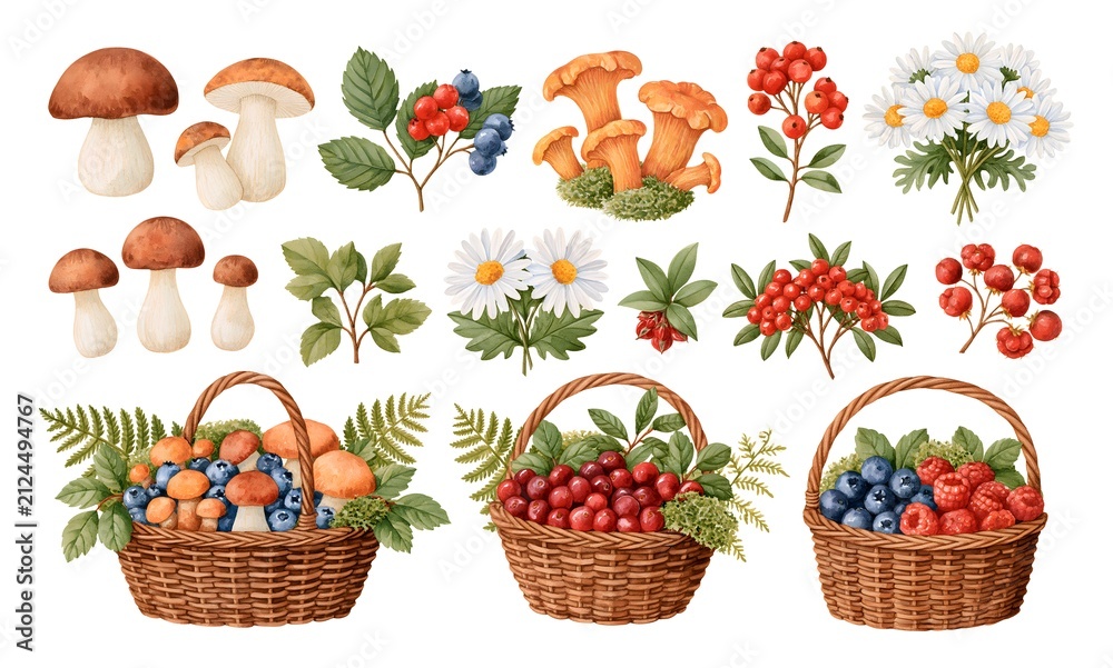 Obraz premium Hand painted botanical illustrations featuring rustic wicker baskets overflowing with porcini mushrooms, chanterelles, blueberries, lingonberries, cranberries, wild raspberries, green leaves, ferns