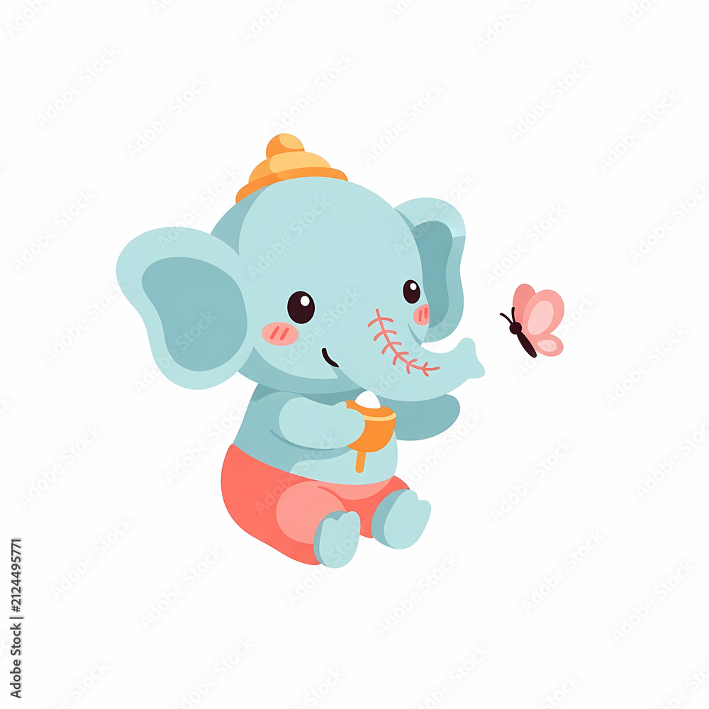 Obraz premium Cute baby elephant character with a butterfly