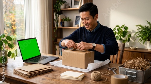 A smiling man in a home office environment meticulously wraps a package, with a laptop displaying a green screen and various shipping supplies neatly arranged on the desk.