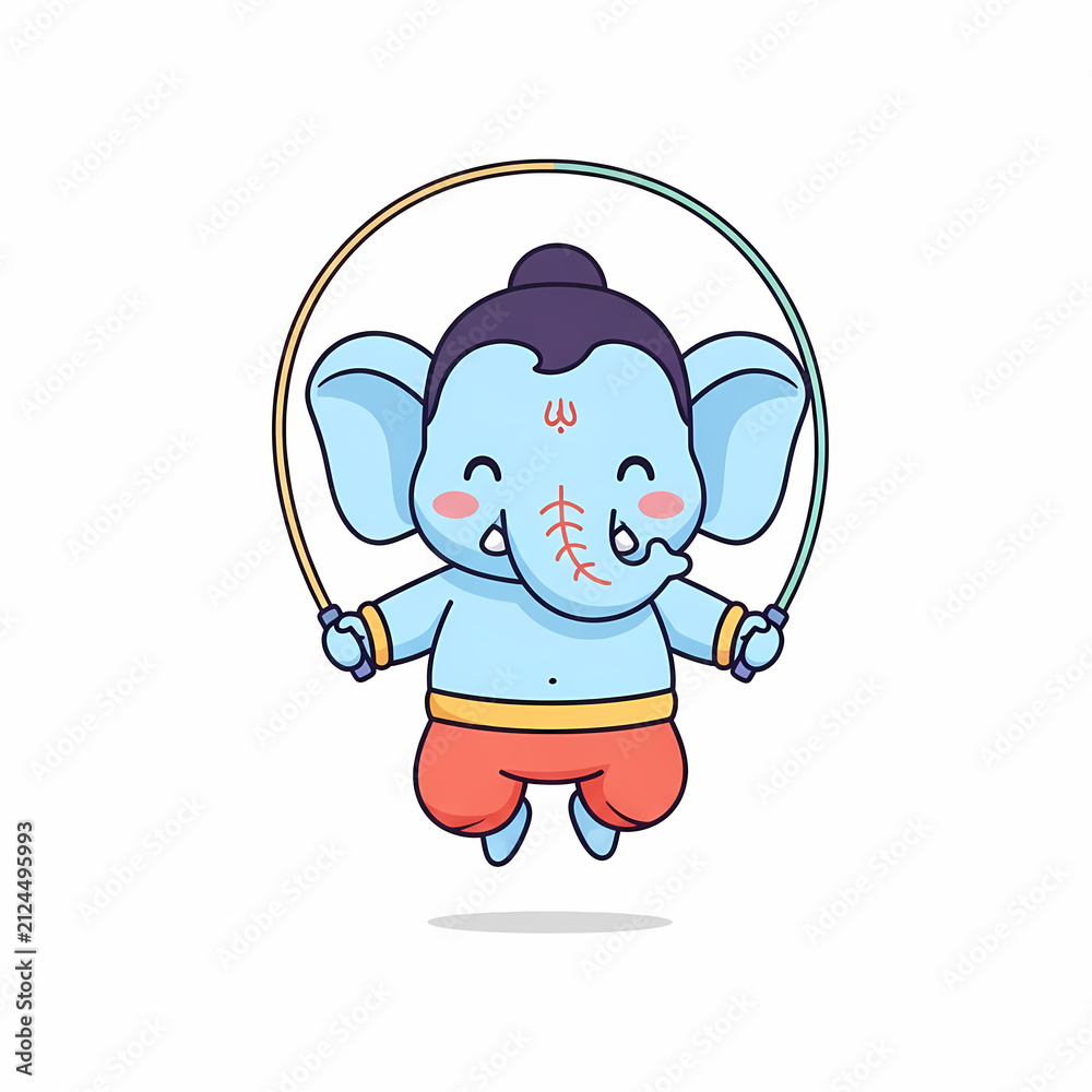 Obraz premium Cute cartoon elephant jumping rope