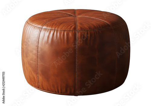 Brown leather ottoman footstool stool upholstered round seat stitched panels modern furniture home decor isolated cutout.
