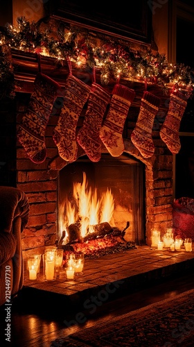 Cozy Christmas Fireplace with Stockings and Warm Holiday Lights