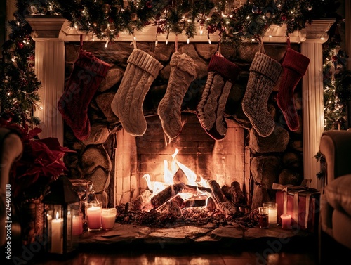 Cozy Christmas Fireplace with Stockings and Warm Holiday Lights