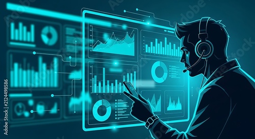Man interacting with futuristic data dashboard.