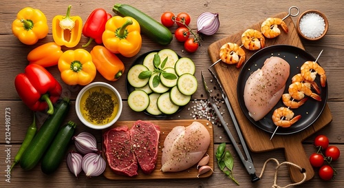 Grilled meat and fresh vegetables arrangement.