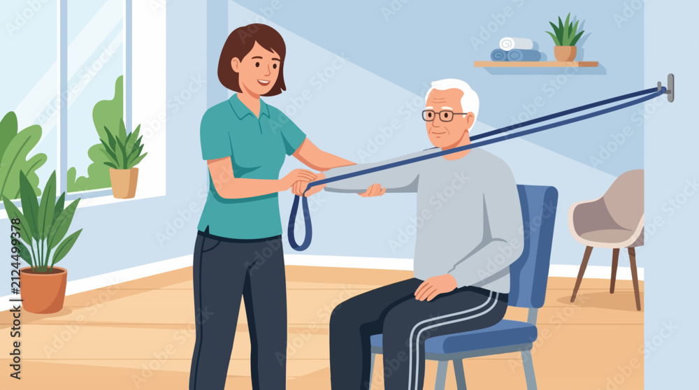 Obraz premium 2D Flat Vector Physical therapist assisting senior man with resistance band exercise for rehabilitation