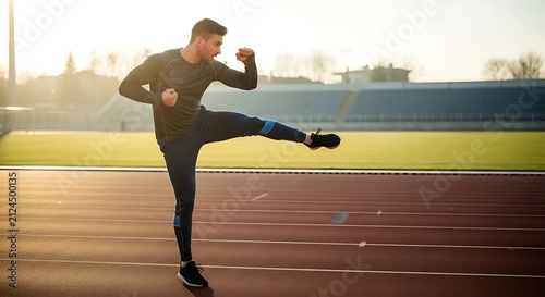 Young man exercising on running track.