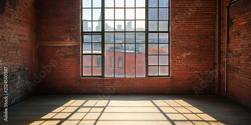 Sunlit Industrial Brick Loft Interior with Large Factory Window