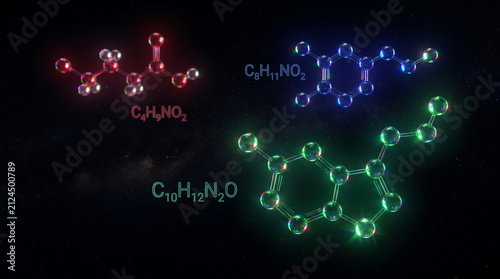 3D Molecular Models of Serotonin, Dopamine, and GABA Neurotransmitters in Jewel Tones on Black Background