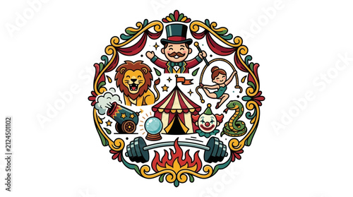 Foto Vintage Circus Theme Illustration with Performers and Animals