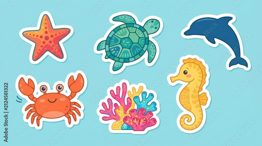 Fototapeta premium Cute Cartoon Sea Animal Sticker Set with Marine Life