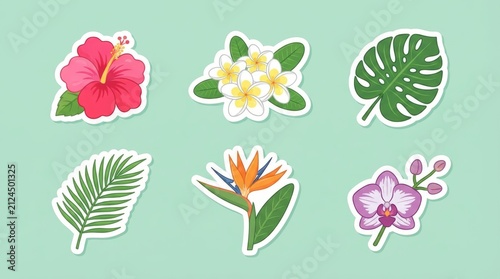 Tropical botanical sticker set with hibiscus orchid and palm leaf